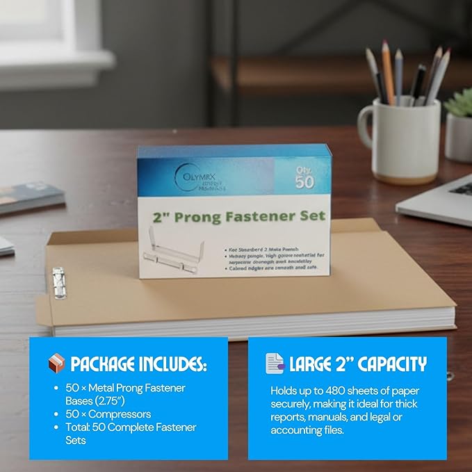 OLYMPX 50 Pcs of 2” Capacity Premium Metal Prong Paper Fastener Complete Set, 2.75 Inch Base with Standard 2-Hole Punch Compressor for Paper File Folder, 50 per Box