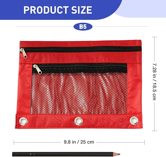 Pencil Pouch for 3 Ring Binder - 3 Hole Zipper Pen Case Bag Holder Bulk Accessories Clear Window Aesthetic Organizer Pockets (Red, 1)