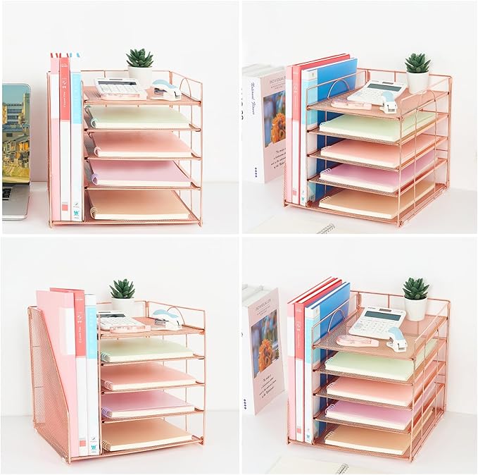 Desk Organizers and Accessories, 5-Tier Paper Letter Tray Organizer with File Holder, Desktop Organizer for Office Supplies, Office Desk Accessories & Workspace (Rose Gold)