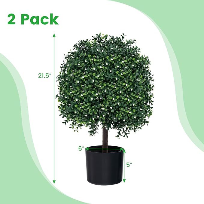 Goplus 21.5’’ Artificial Boxwood Topiary Ball Tree, Set of 2 Faux Potted Plants Artificial Shrubs Bushes with 343 White Fruits, Fake Evergreen Artificial Topiary for Home Front Porch Decor