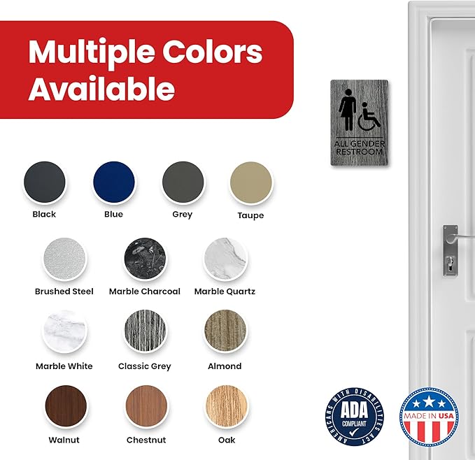 Promot All Gender Handicap Bathroom Sign – ADA Braille Restroom Sign for Business, Self-Adhesive, 9" x 6", Commercial Door Signage, Office Wall Decor - Classic Grey