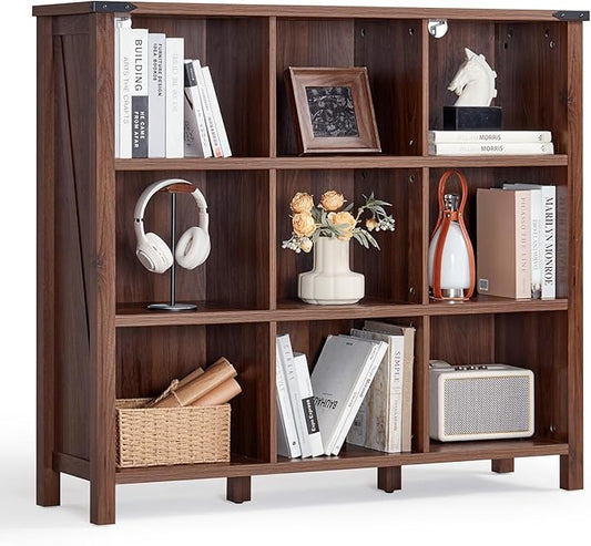 9 Cube Bookcase, Farmhouse 47 Inch Wide Brown Walnut Bookshelf, Wooden 3 Tier Display Large Open Book Shelf, Vintage Horizontal Book Case for Home Office, Cubby Storage Cabinet for Living Room