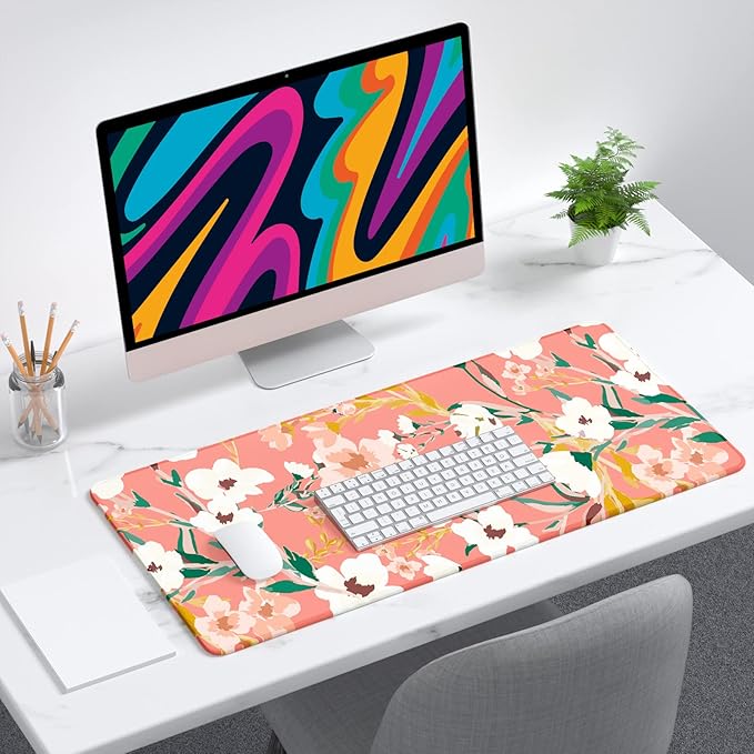 Desk Mat, 32" x 12" XXL Extended Large Gaming Mouse Pad, Desktop Decor Desk Pad, Cute Men Women Office Supplies and Accessories, XL Mouse Mat for Laptop & Keyboard, Pink White Flowers