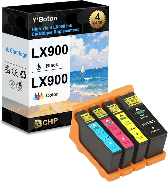 High Yield LX900 LX-900 Ink Cartridge Replacement for Primera 53422 53423 53424 53425 Used for Primera LX900 Printer Ink (4-Pack Black Cyan Magenta Yellow)