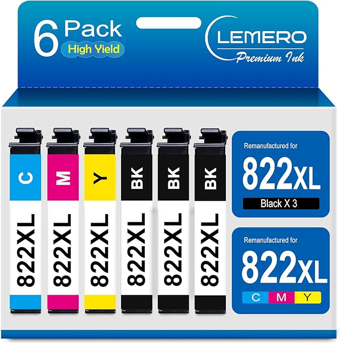 LEMERO 822XL Ink Cartridges Remanufactured for Epson 822XL Ink Cartridges Combo Pack 822 822XL for Workforce Pro WF-3820 WF-3823 WF-4820 WF-4830 WF-4833 Printer (3 Black 1 Cyan 1 Magenta 1 Yellow)