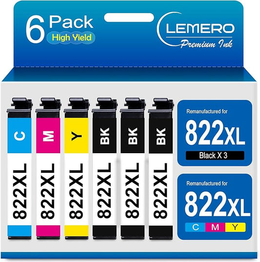 LEMERO 822XL Ink Cartridges Remanufactured for Epson 822XL Ink Cartridges Combo Pack 822 822XL for Workforce Pro WF-3820 WF-3823 WF-4820 WF-4830 WF-4833 Printer (3 Black 1 Cyan 1 Magenta 1 Yellow)