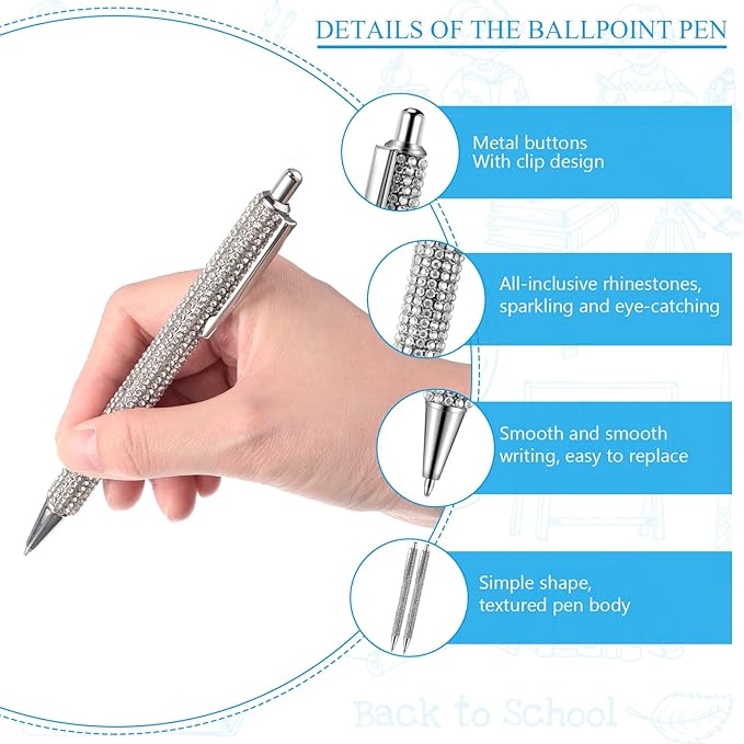 Jeyiour 6 Pcs Bling Pen Cute Diamond Wedding Rhinestones Gift Metal Ballpoint Fancy Sparkly Crystal Retractable Black Ink Pen for Women Office Birthday 0.7mm(Silver)