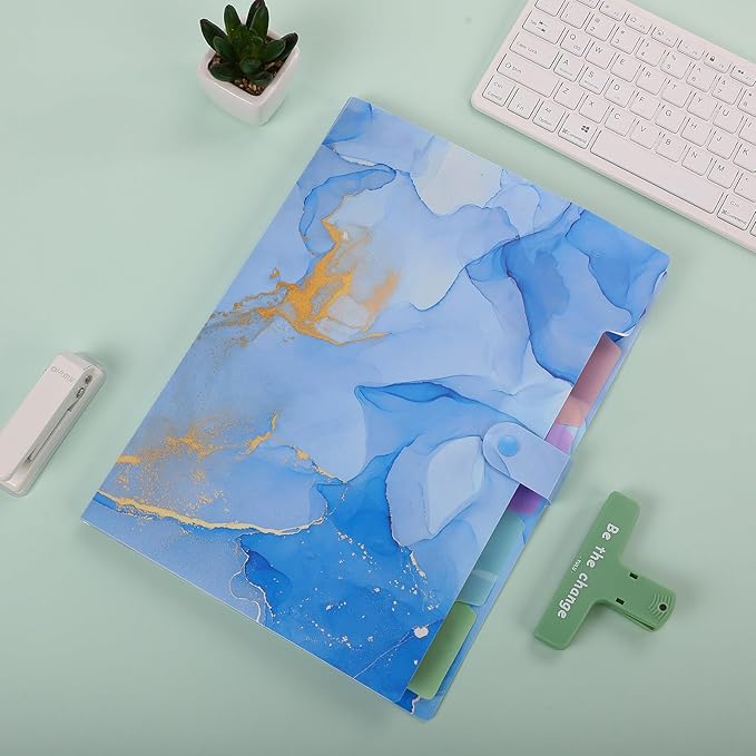 SKYDUE 5 Pockets Expanding File Folder, File Folders, Cute Accordion File Organizer with Labels (1 Pack, Blue)