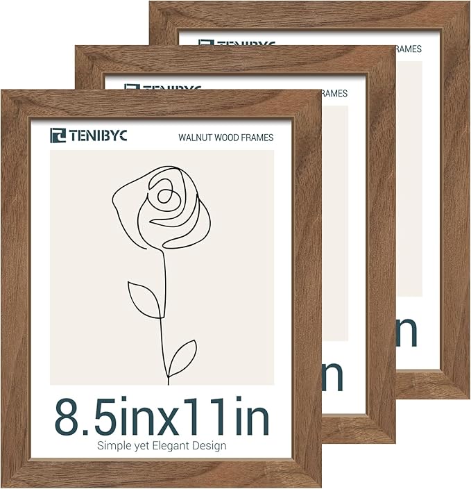 8.5x11 Walnut Picture Frame with HD Glass - 3pk, Natural Solid Wood Picture Poster Frame, Wall Gallery Frame