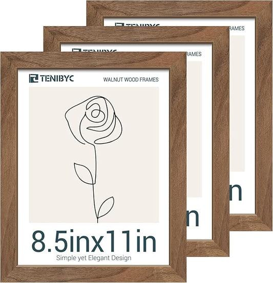 8.5x11 Walnut Picture Frame with HD Glass - 3pk, Natural Solid Wood Picture Poster Frame, Wall Gallery Frame