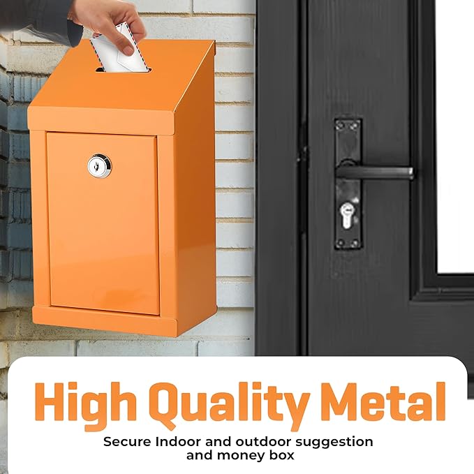 Metal Donation Box-Suggestion Box with Slot and lock-Cash Lock box for Money-Secure Drop Box-Comment and ballot voting box-comes with pre-drilled holes for easy wall mounting 10 X 6 X 2.5"(Orange)