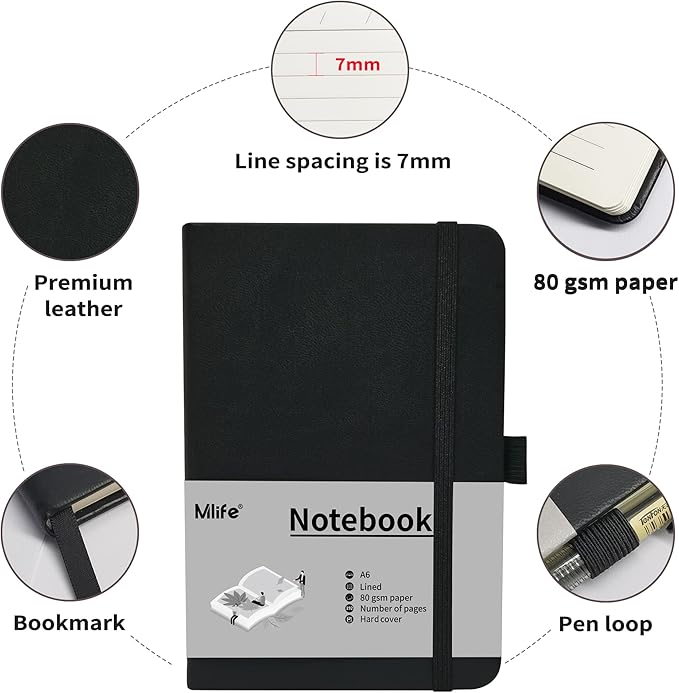 A6 Small Journal Notebook, Lined Pocket Notebook with Pen Holder, Mini Notebook Hardcover, 192 Pages, 3.9 inches * 5.5 inches Jurnal for Women and Man（1PACK Black）