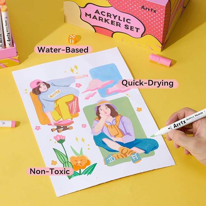 Arrtx 120 Colors Markers Paint Pens, Acrylic Paint Pens for Artists Adults Coloring Drawing Cartoon Anime Comic - Brush Tip for Rock Painting, Wood, Canvas, DIY Crafts Making Art Supplies