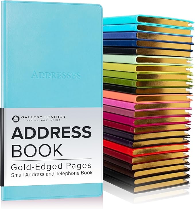 Gallery Leather Small Address Book with Alphabetical Tabs up to 403 Records, Leather Notebook Hardcover, Telephone and Address Books - 6x3.25", Pocket Address, Acadia Pool