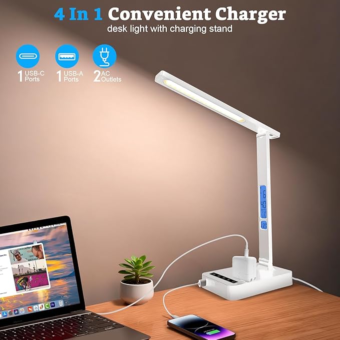 Smart Desk Lamp with Dual USB Charging (Type-C/USB-A) & 2 AC Outlets, Digital Clock, Temperature Display, 5 Color Modes, 5 Brightness, Adjustable - for Office, Bedroom, Dorm Room, Study