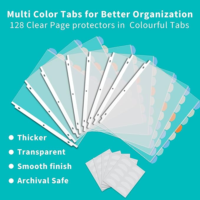 Binditek 128 Pack Heavyduty Clear Sheet Protectors with 8 Tabs, Sturdy Binder Sheet Protectors for 3 Ring Binder Letter Size, Multicolor Tabs, 8.5 x 11 Inches, Polypropylene, 16 Set, Label Sticker