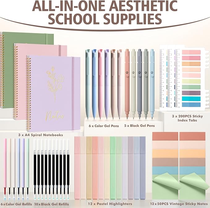 58PCS Aesthetic School Supplies, Cute College Ruled A4 Spiral Notebook Stationary Set Back to School Supplies Bible Study Kit Office College Essentials with Pastel Highlighters for Women Student Girls