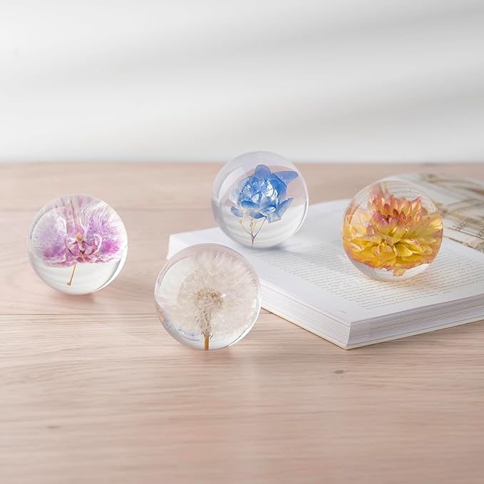 Real Yellow Dahlia Paperweight - Home Decor Crystal Resin Ball 3.14in (80mm) - Clear Resin Yellow Dahlia Flower Globe for Special Days - Sphere Figurine Office Paperweight w/Flat Bottom