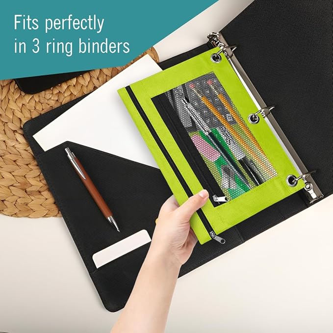 EXTRIC 3 Ring Binder Pencil Pouch with Clear Window, 12 Pack Pencil bags, 4 Color set, Durable Zippered Pouch with 2 Pockets for School Supplies