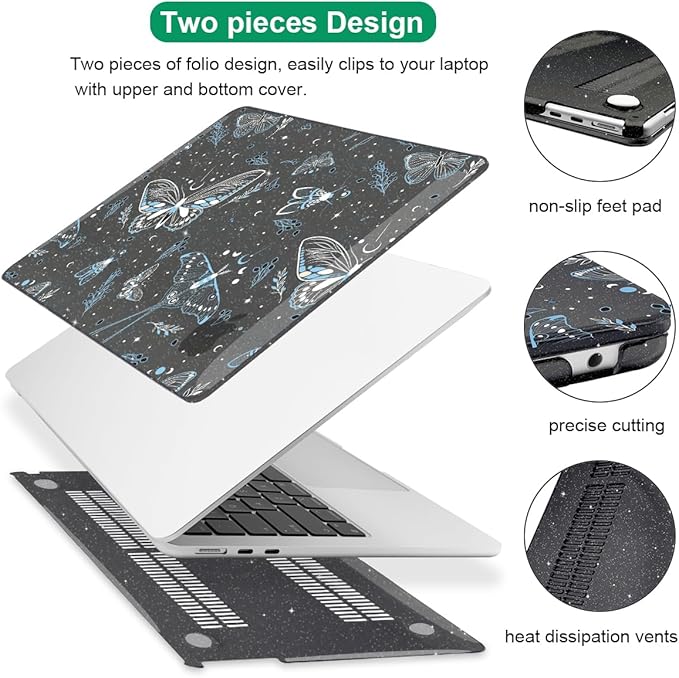 for 2025 MacBook Air 13.6 Inch Case M4 A3240 M3 A3113 M2 A2681 2024 2023 2022 Release, Glitter Black Printed Plastic Hard Shell Cover for Mac Air 13.6 M4 M3 M2 Chip Touch ID, Butterfly Sky