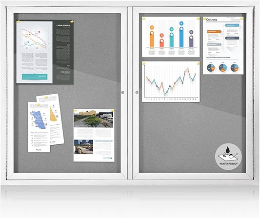 Outdoor Bulletin Board Weatherproof 48x36 in,Enclosed Bulletin Board with Locking Door, Wall Display Case for Office School Home Commercial, Silver Aluminum Frame, Gery Felt