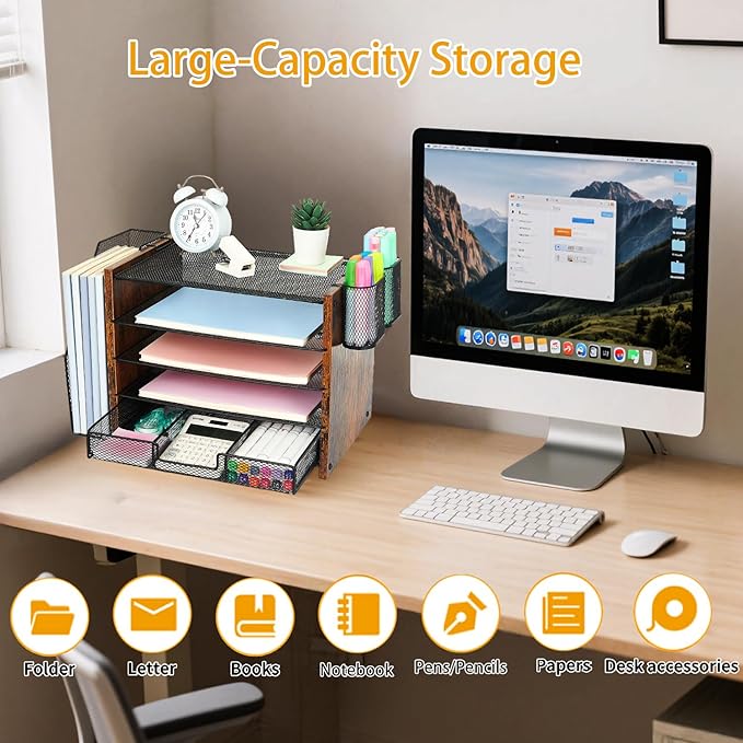 Wood Desk Organizers and Accessories with File Organizer, 5-Tier Paper Organizer with Drawer & Pen Holder, Office Desk Accessories, Workspace Desktop Storage for Office Supplies Organization（Brown）