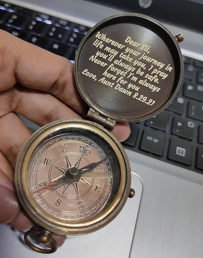 Personalized Engraved Compass Brass Metal Directional Compass with Leather Cover Gift for Husband, Personalized, Communion Gift, Gift for Him & Her, Luxury