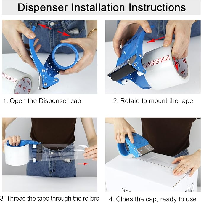 3 Inch Wide Clear Packing Tape with Dispenser,2.4 Mil x 55 Yards Heavy Duty Packaging Tape Refill for Shipping,Industrial Grade,Urtal Strong Boxing Tape for Moving,Mailing and Storages