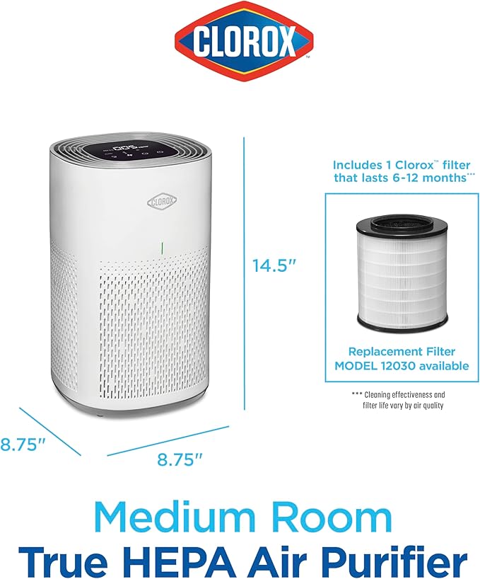 Clorox HEPA Air Purifiers for Home, True HEPA Filter, Medium Rooms Up to 1,000 Sq Ft, Removes 99.9% of Mold, Viruses, Wildfire Smoke, Allergens, Pet Allergies, Dust, AUTO Mode, Whisper Quiet
