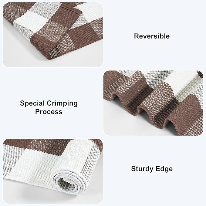 KIMODE Fall Decor Buffalo Plaid Outdoor Rug 3'x5' Brown and White Checkered Rug Farmhouse Cotton Fall Front Outdoor Autumn Door Mat Washable Indoor Outdoor Area Rug Carpet for Front Porch