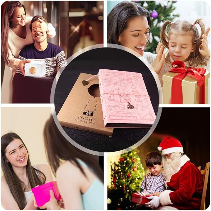 ThxMadam Leather Pink Scrapbook Album with 60 Pages Present Scrapbooking Supplies Kits for Birthday Day Gift for Teacher Student Kids Friend Travelling Scrapbook Family Scrap Book