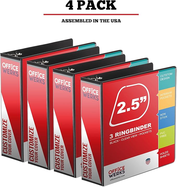 Performore 3 Ring Binder, Professional Angle D 2.5 Inch, Presentation Folder for Standard Pages 8.5 x 11 with Pockets, Crystal Clear View Black Binder (4 Pack)