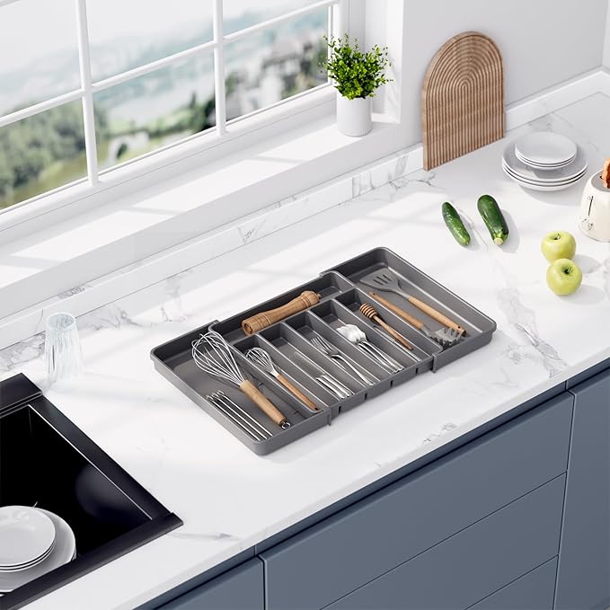 Aujen Silverware Organizer - Expandable Kitchen Drawer Organizer, Adjustable Utensil Organizer, Cutlery Tray for Forks, Knives, Multipurpose Kitchen Organizers and Storage Solution, Grey, Large