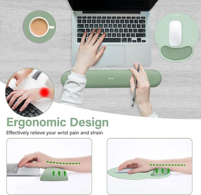 MOSISO Wrist Rest Support for Mouse Pad&Keyboard Set, Circle Curved Ergonomic Mousepad&Coaster Non-Slip Base Home/Office Pain Relief&Easy Typing Pad with Soft Cloth&Silicone Lining, Antique Green