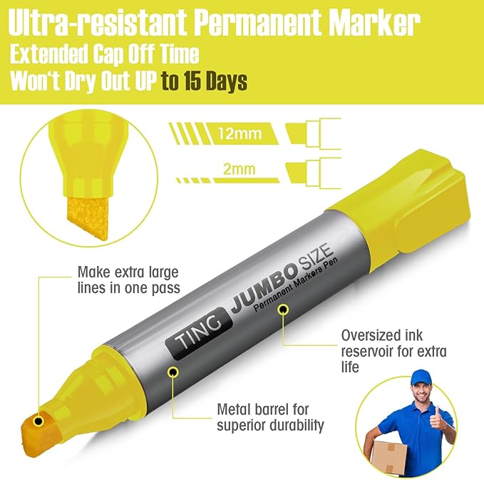 Fuutreo 10 Pack Jumbo Permanent Markers Bulk Large Chisel Tip Permanent Markers Quick Drying Waterproof Big Huge Poster Pens for Office, Logistics Company and More(Yellow)