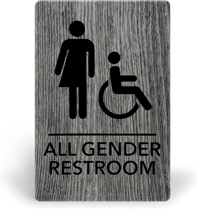Promot All Gender Handicap Bathroom Sign – ADA Braille Restroom Sign for Business, Self-Adhesive, 9" x 6", Commercial Door Signage, Office Wall Decor - Classic Grey