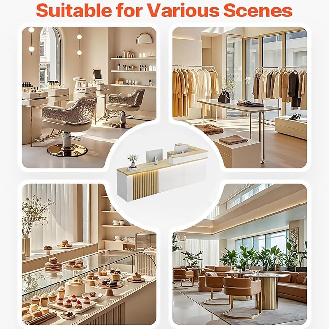 L-Shaped Receptionist Desk，Office Front Desk Reception Counter with Hidden Lighting & Storage Drawer Commercial Checkout Counter Sturdy for Salon Clinic Clothing Store