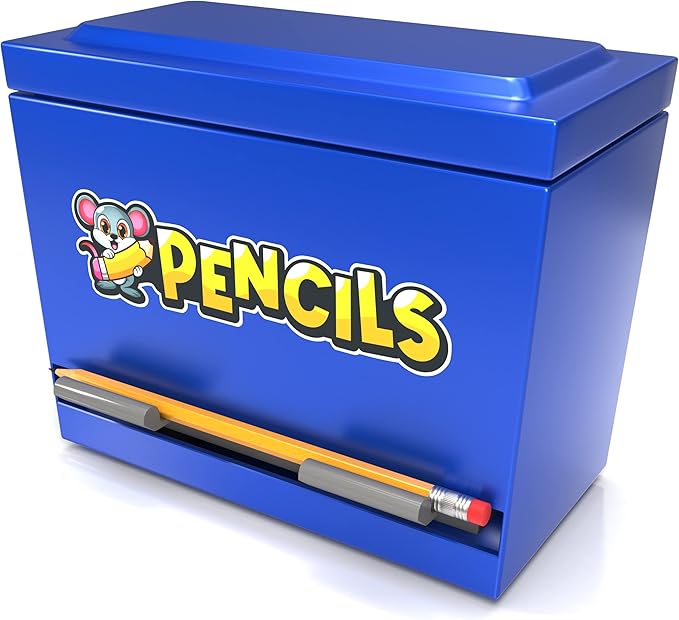 Pencil Dispenser Holder Blue Stainless Steel Dispenser for Pencils with 6 Beautiful Stickers for Decoration Metal Pencil Dispenser for Classroom Home Office Teachers Students (Pencils Not Included)