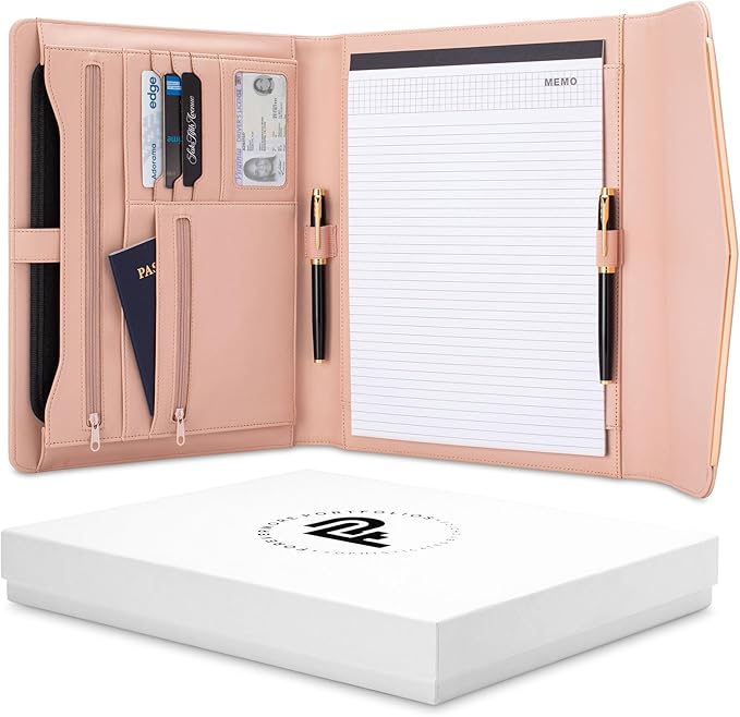 FOREVERMORE PORTFOLIOS Padfolio Binder Organizer for Women | Faux Leather Portfolio Folder for Resume, Documents, Notebook, Tablet and Business Cards | Notepad Included - Pink with Gold Edge