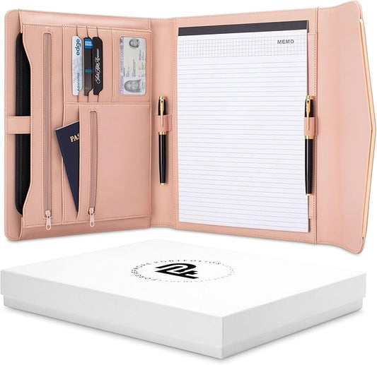 FOREVERMORE PORTFOLIOS Padfolio Binder Organizer for Women | Faux Leather Portfolio Folder for Resume, Documents, Notebook, Tablet and Business Cards | Notepad Included - Pink with Gold Edge