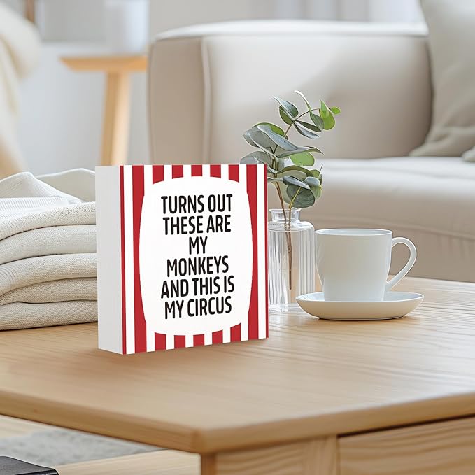 Funny Stripes Office Home Desk Table Decor Wood Sign - Turns Out These Are My Monkeys And This Is My Circus, Fun Desk Accessories for Work, Office Decorations for Work Women, Boss Gift, 5x5 Inch