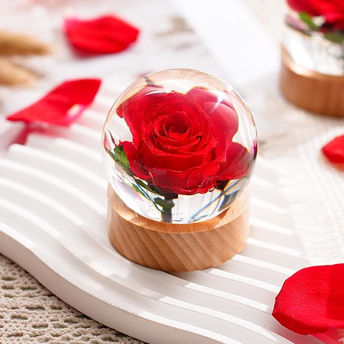Real Rose in Resin, Eternal Rose Wish Ball, Rose Paperweight in Gift Box, Unique Home Office Decor, Ideal for Birthday, Wedding & Mother's Day