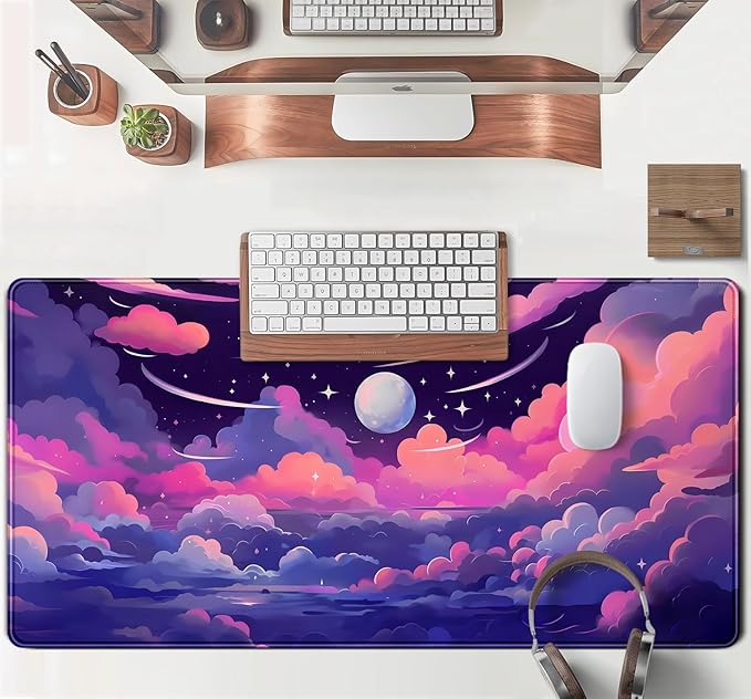 Pastel Pink Purple Clouds Moon Mouse pad Desk Mat, Cute Space Deskmat XXL Large Extended Mousepad Gaming Desk Pad, Big Laptop Computer Keyboard and Mouse Pad Mat for Women Office Decor 31.5x15.7 in