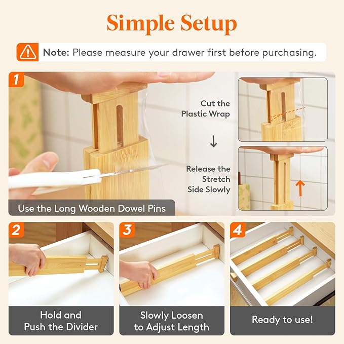 Lifewit 4 Pack Drawer Dividers Bamboo 2.4" High, 12-17" Adjustable Drawer Organizers for Clothes, Wooden Dresser Separators in Bedroom/Bathroom/Kitchen/Fridge/Office Organization and Storage