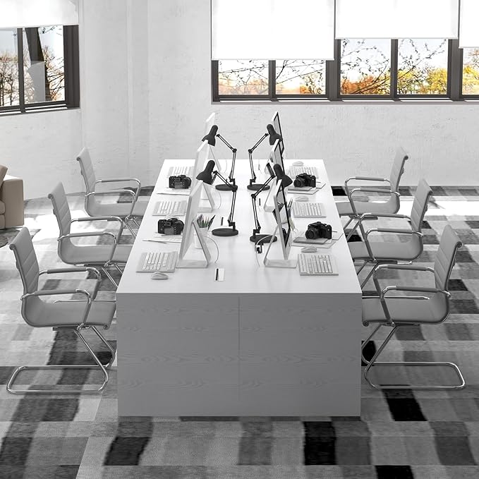 Office Desk Chair No Wheels Set of 4 PU Leather Computer Chairs Mid Back Guest Chairs for School Reception Conference Waiting Room, Grey