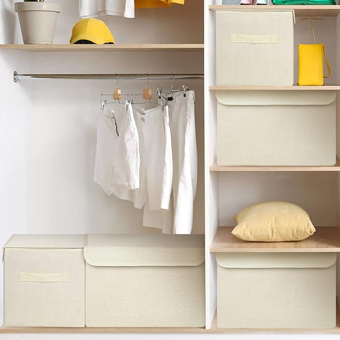Large 42 Quarts Collapsible Stackable Storage Bins Cube with Lids [3-Pack] Foldable Fabric Linen Storage Boxes, Closet Organizer Baskets with Label for Home (16.7 x 12 x 12", Beige)