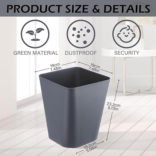 Hoolerry 9 Pieces Garbage Can 2 Gallon Small Trash Cans Bulk Bathroom Trash Bin Plastic Wastebasket Square for Bedroom Slim Bathroom Trashcan Small Container for Kitchen Office Home Rooms(Grey)