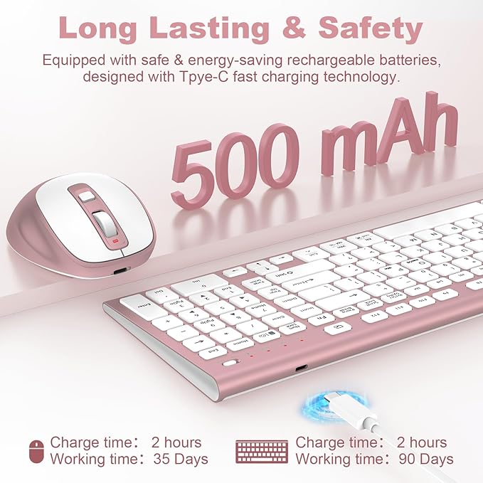 FENIFOX Wireless Keyboard and Mouse, Ergonomic Rechargeable Silent Quiet Slim Compact Full-Size USB C with Number Pad Flat Soft Cover for PC Computer Laptop Mac MacBook iMac Windows - Pink Rose Gold