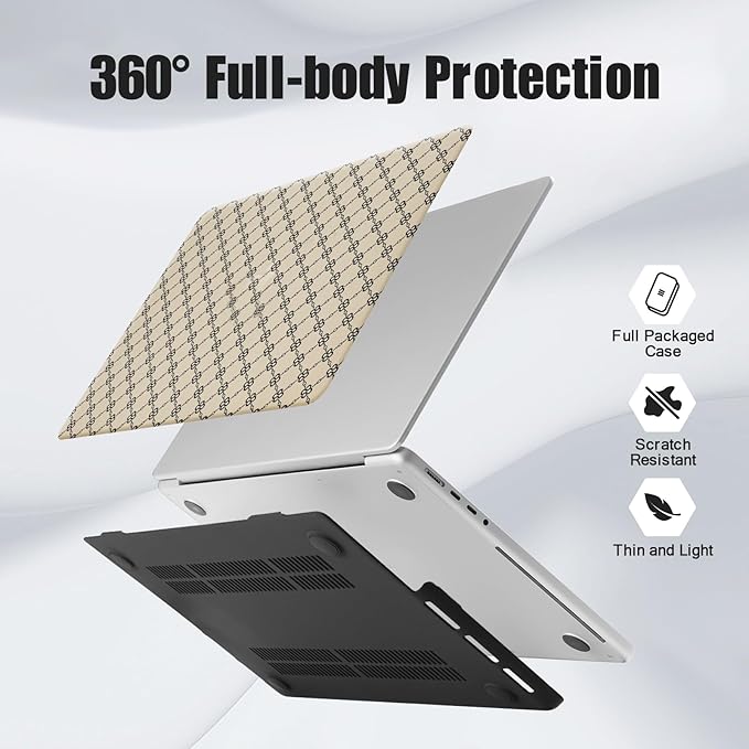 Compatible with MacBook Air 13 inch Case 2025 2024 2023 2022 M4 A3240 M3 A3113 M2 A2681, Luxury Checkered Textured Vintage Leather Plastic Hard Shell Case for MacBook Air 13.6 M4+Keyboard Cover, Beige