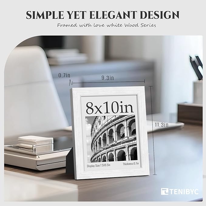 8x10 Picture Frame White - 4 Pack, Wooden Textured & HD Tempered Glass, Table or Wall Display, 8 x 10 Photo Frame - Holiday Decoration